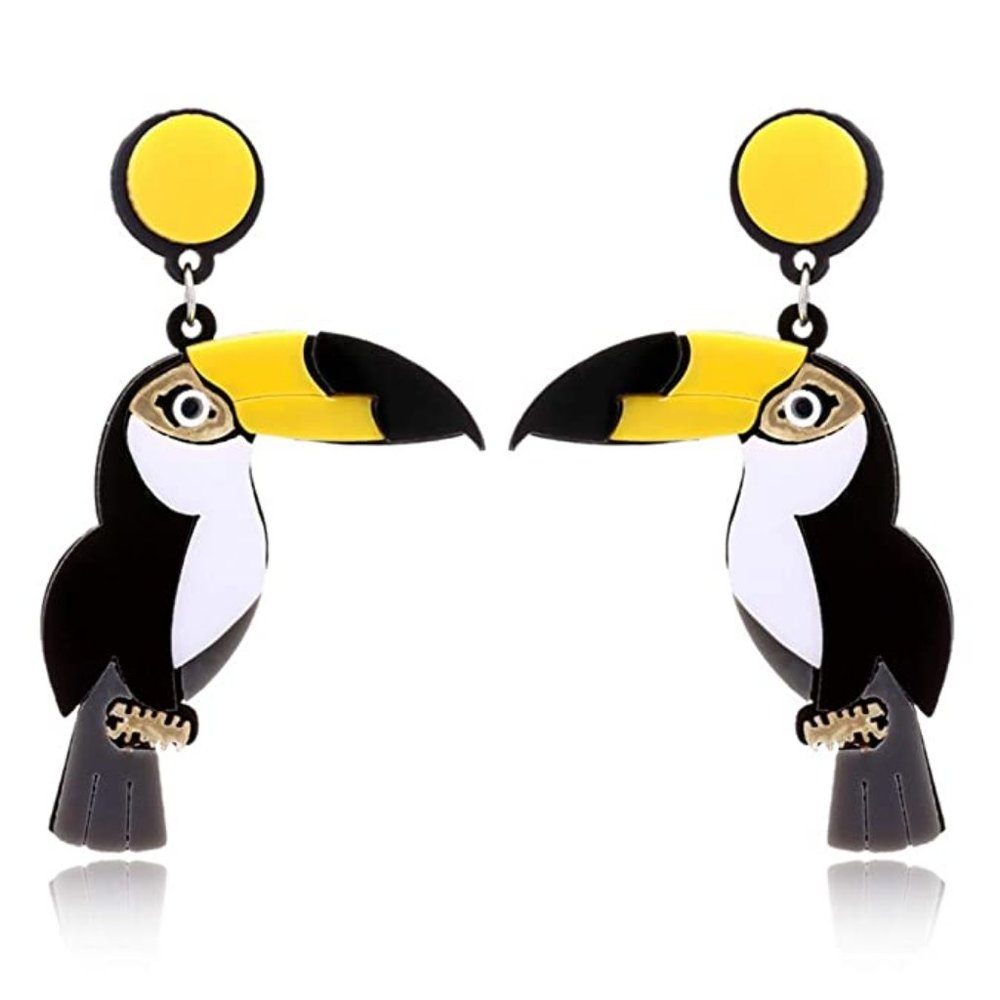 NEW Beautiful Black & Yellow Oversize TOUCAN Bird Stud Earrings BIRD FLY FLIGHT - Picture 2 of 7